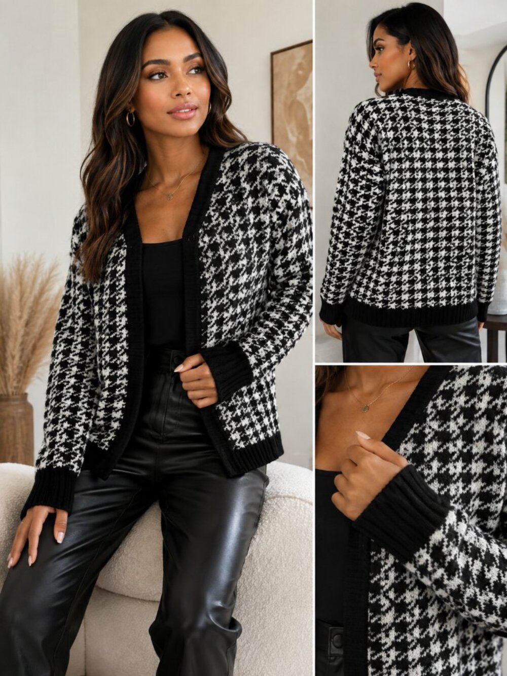 Fashion Nova True Desires Houndstooth Cardigan Black White Size M NWT